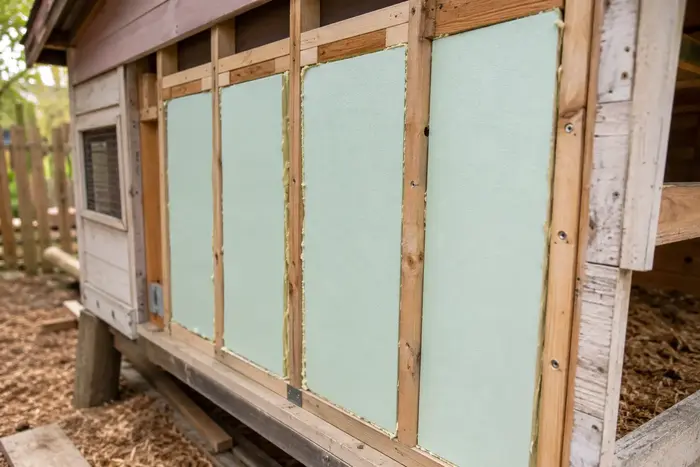 A backyard chicken coop with rigid foam board insulation installed in the wall framing before the siding goes back on