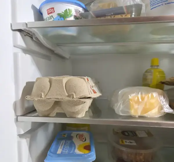 A carton of unwashed backyard eggs stored in a refrigerator