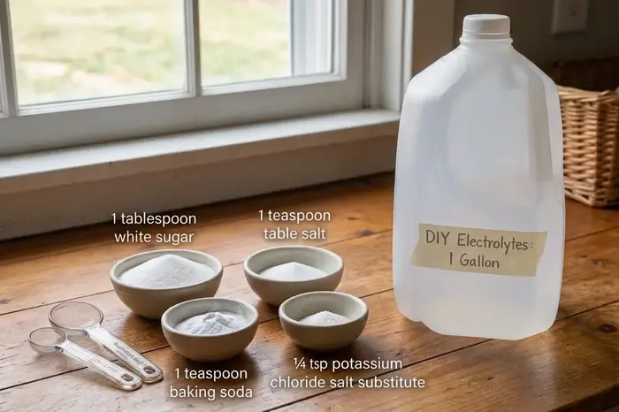 Chicken Electrolytes DIY salt, baking soda, sugar, potassium and gallon jug of water