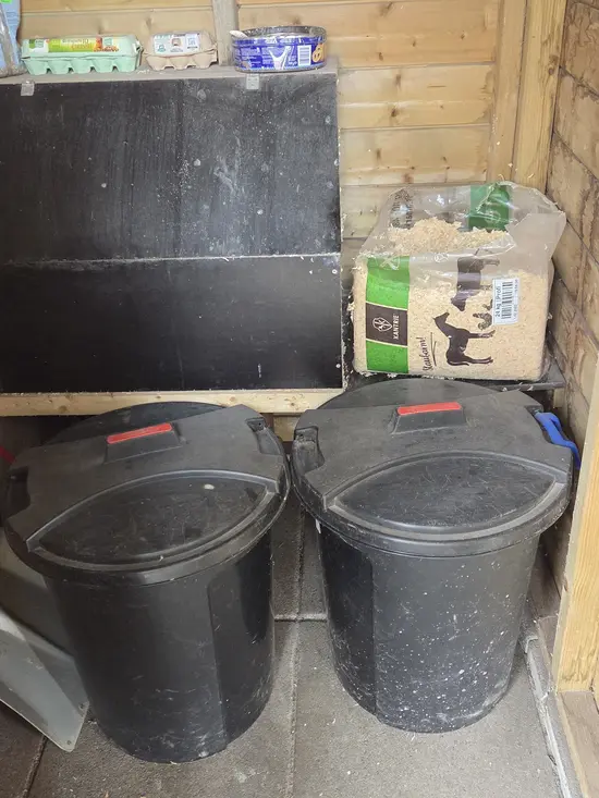 Chicken feed storage bins, bedding, and other supplies