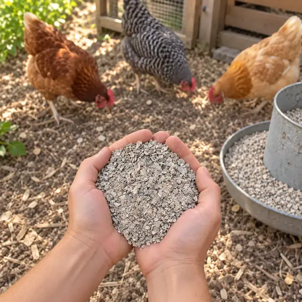 Hands holding oyster shell grit with a feeder and chickens in the background