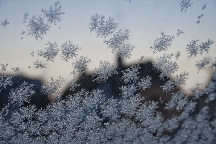 Ice crystals built up on the inside of a chicken coop window from trapped moisture