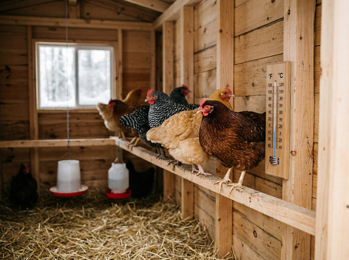 A thermometer mounted on a coop wall level with the roosting bar