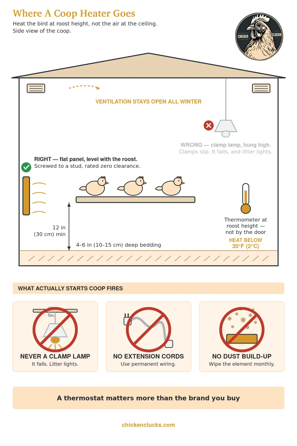 Diagram showing safe chicken coop heater placement at roost height with clearances marked