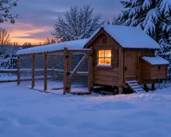 A backyard chicken coop in deep snow at dusk with a warm light glowing inside