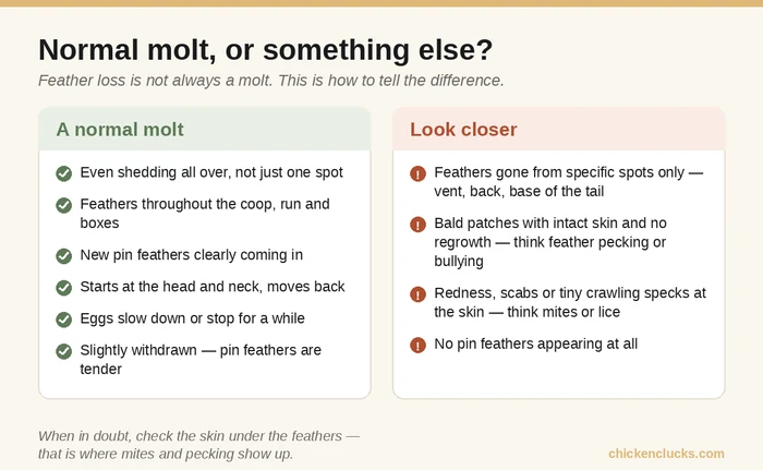 Checklist comparing normal chicken molt signs with red flags like mites, lice and feather pecking